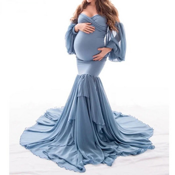 Φόρεμα εγκυμοσύνης για φωτογράφιση Σέξι γυναίκες με μακρυμάνικο σιφόν ώμου Γοργόνα μάξι φόρεμα εγκυμοσύνης Φόρεμα φωτογραφίας στηρίγματα