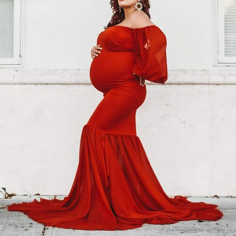 Rochie de maternitate pentru ședință foto femei sexy cu umeri șifon șifon mâneci lungi sirenă sarcină rochie maxi rochie accesorii fotografice