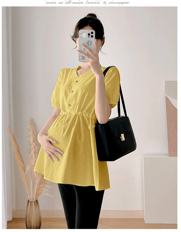 Nėščiųjų pavasario rūbai vienspalviai viršutiniai ilgi, laisvi V formos iškirpte ilgomis rankovėmis nėščioms medvilniniai marškiniai didesnio dydžio nėštumo palaidinės