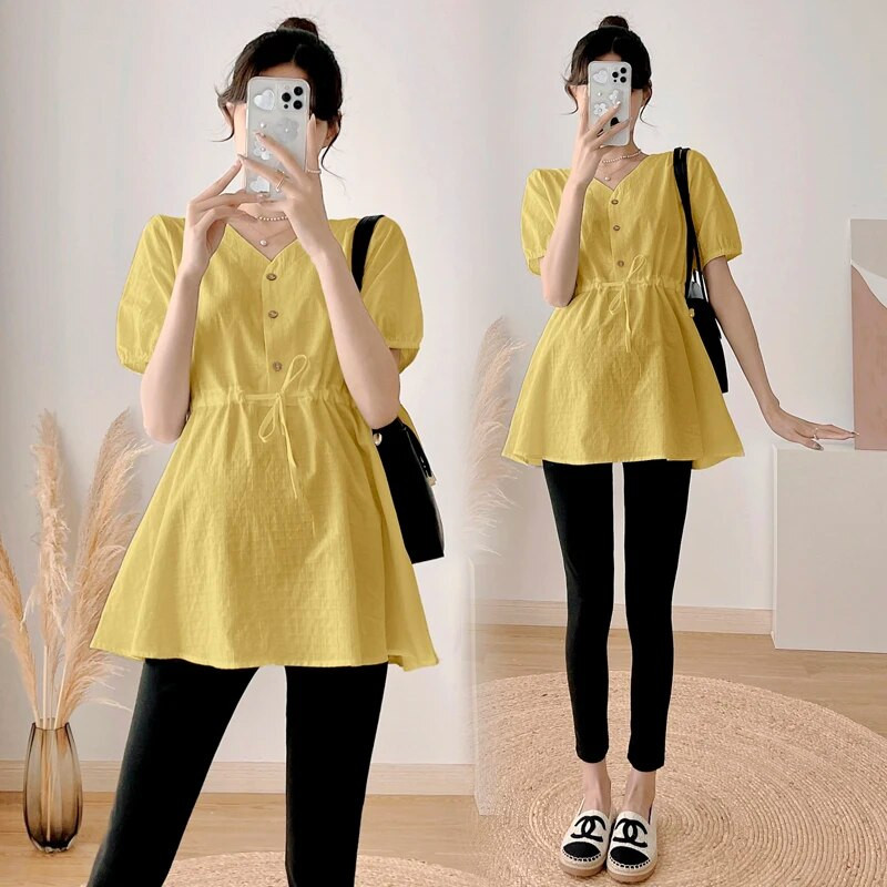 Nėščiųjų pavasario rūbai vienspalviai viršutiniai ilgi, laisvi V formos iškirpte ilgomis rankovėmis nėščioms medvilniniai marškiniai didesnio dydžio nėštumo palaidinės