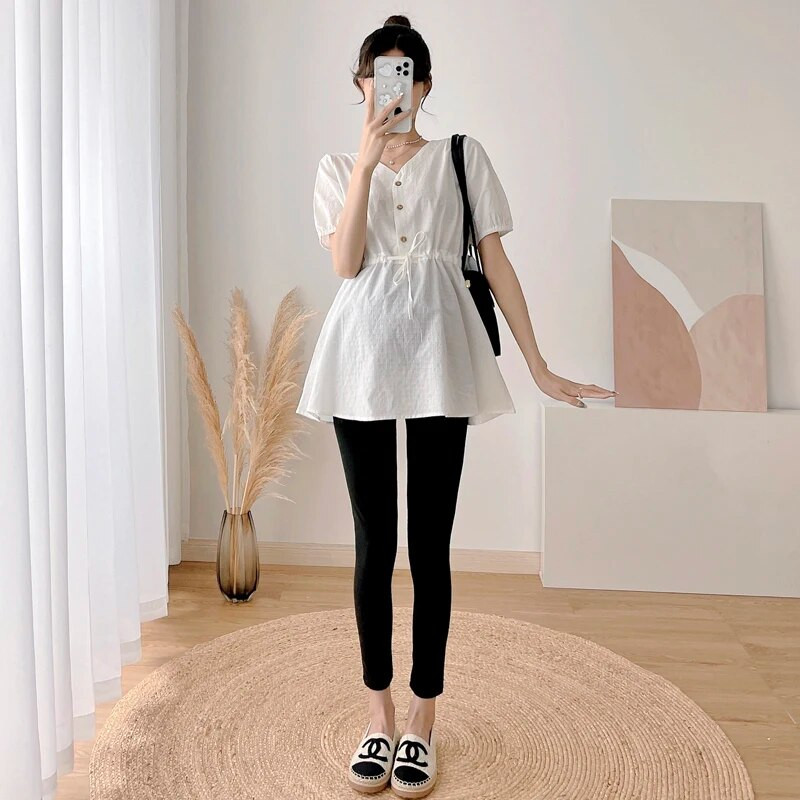 Nėščiųjų pavasario rūbai vienspalviai viršutiniai ilgi, laisvi V formos iškirpte ilgomis rankovėmis nėščioms medvilniniai marškiniai didesnio dydžio nėštumo palaidinės