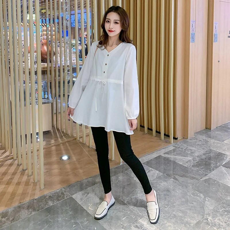 Nėščiųjų pavasario rūbai vienspalviai viršutiniai ilgi, laisvi V formos iškirpte ilgomis rankovėmis nėščioms medvilniniai marškiniai didesnio dydžio nėštumo palaidinės