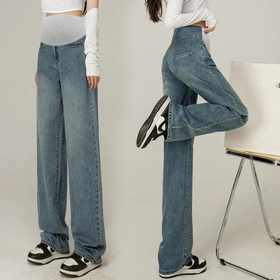 Pantaloni subțiri de denim cu picioare largi pentru maternitate, cu talie înaltă, până la podea, femei însărcinate, pantaloni casual cu burtă, blugi lungi de sarcină