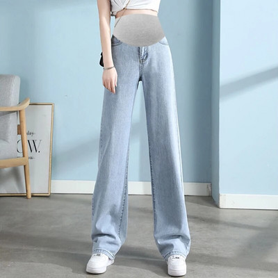 Pantaloni subțiri de denim cu picioare largi pentru maternitate, cu talie înaltă, până la podea, femei însărcinate, pantaloni casual cu burtă, blugi lungi de sarcină