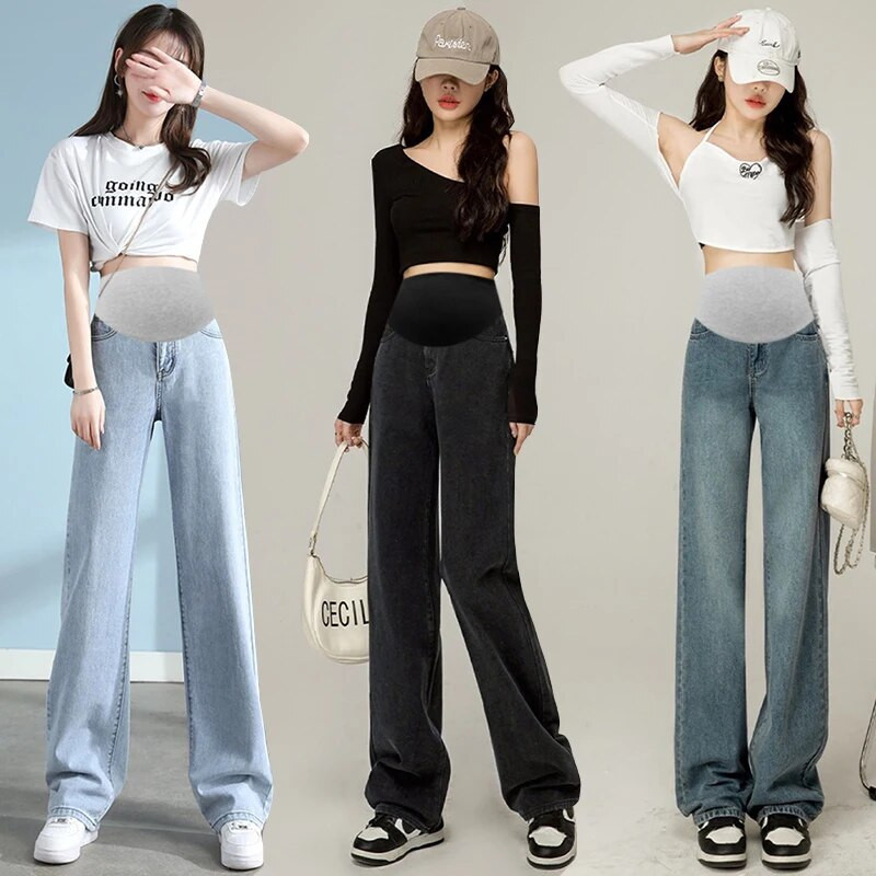 Pantaloni subțiri de denim cu picioare largi pentru maternitate, cu talie înaltă, până la podea, femei însărcinate, pantaloni casual cu burtă, blugi lungi de sarcină