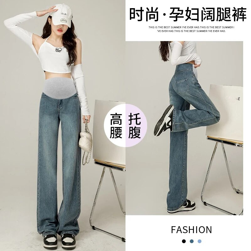 Pantaloni subțiri de denim cu picioare largi pentru maternitate, cu talie înaltă, până la podea, femei însărcinate, pantaloni casual cu burtă, blugi lungi de sarcină