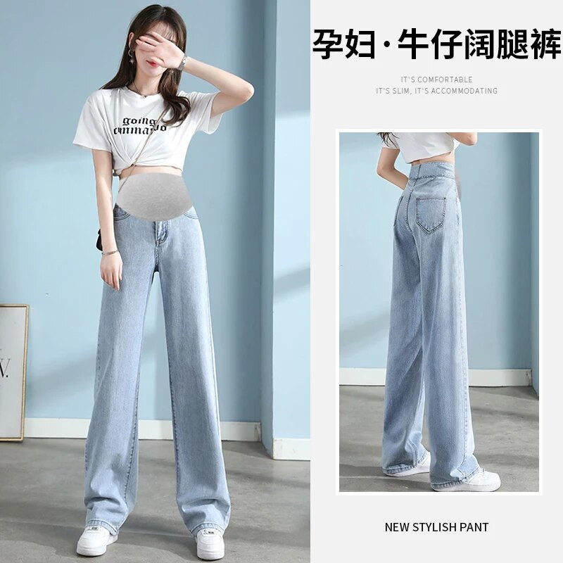 Pantaloni subțiri de denim cu picioare largi pentru maternitate, cu talie înaltă, până la podea, femei însărcinate, pantaloni casual cu burtă, blugi lungi de sarcină