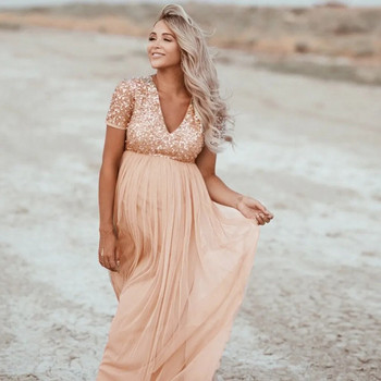 Μόδα Γυναικεία Φόρεμα Έγκυες Ρούχα εγκυμοσύνης Φωτογραφικά στηρίγματα Κοντομάνικη παραλία με παγιέτες Μονόχρωμο φόρεμα Σέξι φορέματα εγκυμοσύνης