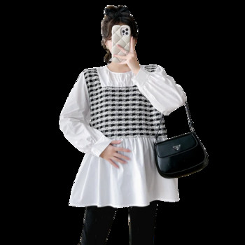 Пролетни корейски модни пачуърк блузи за бременни Сладка прекрасна широка риза Дрехи за бременни жени Горнища за бременни черни бели