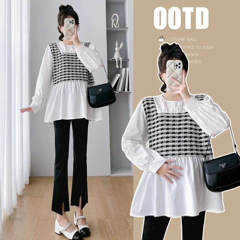 Pavasario korėjietiškos mados kratinys Motinystės palaidinės Mieli, gražūs laisvi marškiniai Drabužiai nėščioms moterims Nėštumo palaidinės juodos baltos