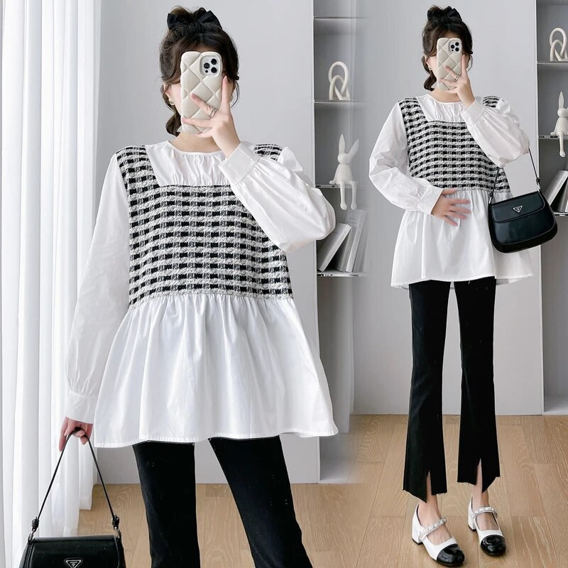 Pavasario korėjietiškos mados kratinys Motinystės palaidinės Mieli, gražūs laisvi marškiniai Drabužiai nėščioms moterims Nėštumo palaidinės juodos baltos