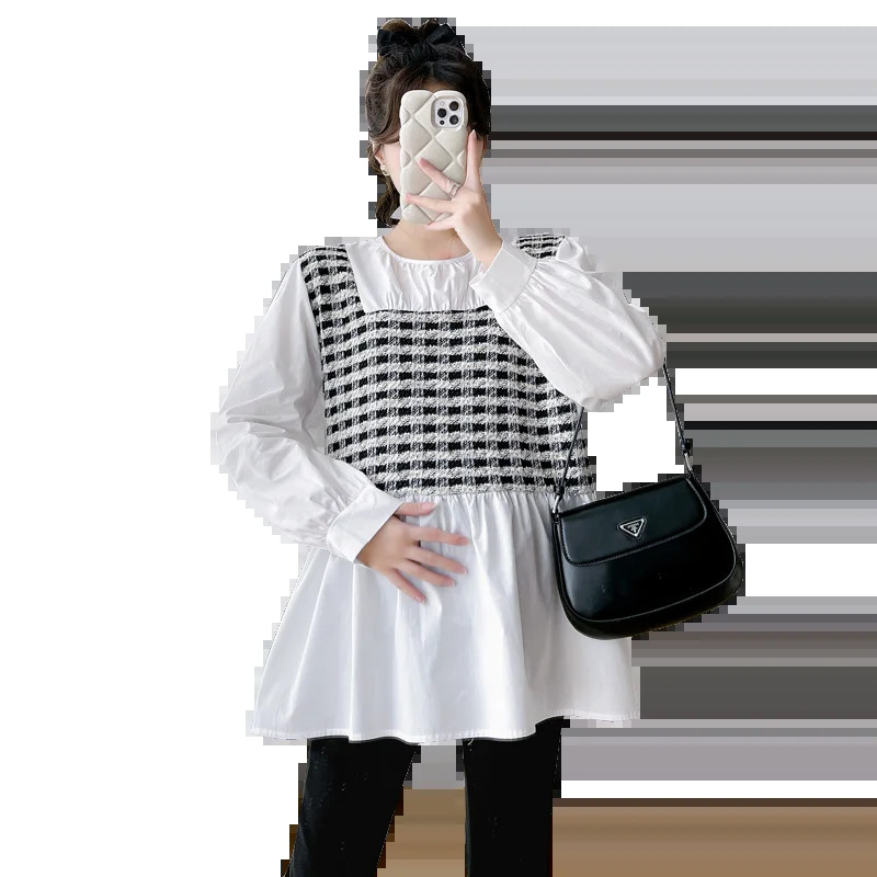 Pavasario korėjietiškos mados kratinys Motinystės palaidinės Mieli, gražūs laisvi marškiniai Drabužiai nėščioms moterims Nėštumo palaidinės juodos baltos