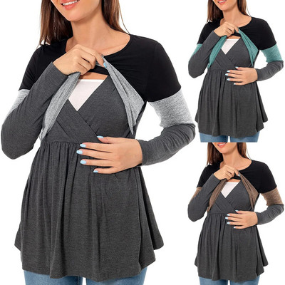 Риза за бременни жени Бременни жени С дълъг ръкав Пачуърк Горнище за кърмачки Блуза за кърмене Бременни дрехи Пуловер