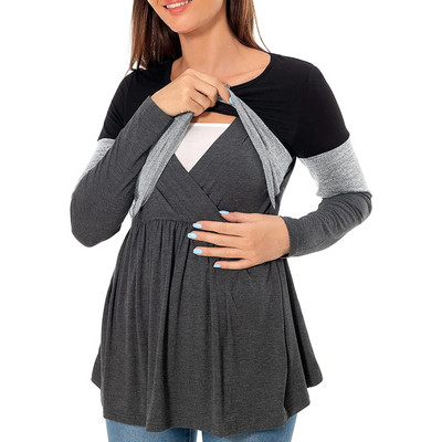 Cămașă de maternitate pentru femei însărcinate cu mâneci lungi, patchwork, alăptată, bluză, pentru alăptare, haine de sarcină, pulover