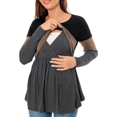 Cămașă de maternitate pentru femei însărcinate cu mâneci lungi, patchwork, alăptată, bluză, pentru alăptare, haine de sarcină, pulover