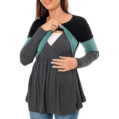 Cămașă de maternitate pentru femei însărcinate cu mâneci lungi, patchwork, alăptată, bluză, pentru alăptare, haine de sarcină, pulover