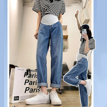 2023 Есенни дънкови панталони за бременни в корейски стил Модни свободни и ежедневни памучни панталони за бременни жени Голям размер Дънки за бременни
