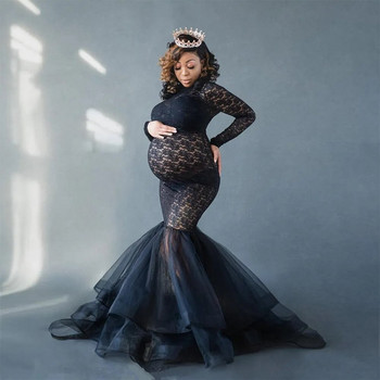 Нови черни секси рокли за бременни за фотосесия Рокля за бременни жени с дълги ръкави и висока яка за снимки Рокля за бременни