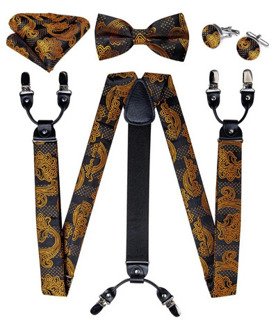 Πολυτελείς κίτρινες αντρικές ζαρτιέρες Μεταξωτές ελαστικές 6 κλιπς Τιράντες Αξεσουάρ για πάρτι γάμου Ανδρικές ζαρτιέρες Y-back Σετ παπιγιόν DiBanGu