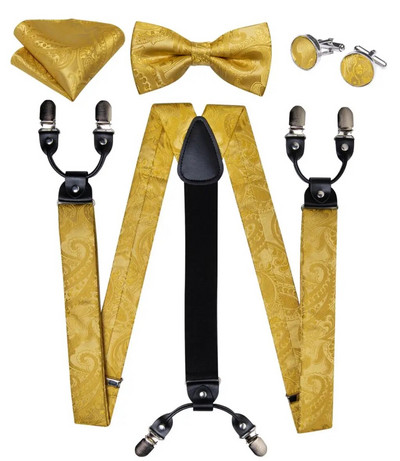 Πολυτελείς κίτρινες αντρικές ζαρτιέρες Μεταξωτές ελαστικές 6 κλιπς Τιράντες Αξεσουάρ για πάρτι γάμου Ανδρικές ζαρτιέρες Y-back Σετ παπιγιόν DiBanGu