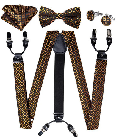 Πολυτελείς κίτρινες αντρικές ζαρτιέρες Μεταξωτές ελαστικές 6 κλιπς Τιράντες Αξεσουάρ για πάρτι γάμου Ανδρικές ζαρτιέρες Y-back Σετ παπιγιόν DiBanGu
