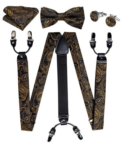 Πολυτελείς κίτρινες αντρικές ζαρτιέρες Μεταξωτές ελαστικές 6 κλιπς Τιράντες Αξεσουάρ για πάρτι γάμου Ανδρικές ζαρτιέρες Y-back Σετ παπιγιόν DiBanGu