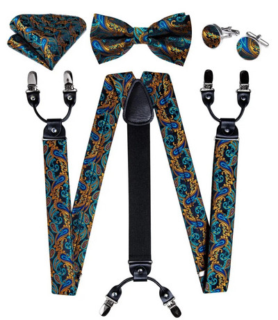 Πολυτελείς κίτρινες αντρικές ζαρτιέρες Μεταξωτές ελαστικές 6 κλιπς Τιράντες Αξεσουάρ για πάρτι γάμου Ανδρικές ζαρτιέρες Y-back Σετ παπιγιόν DiBanGu