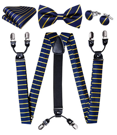 Πολυτελείς κίτρινες αντρικές ζαρτιέρες Μεταξωτές ελαστικές 6 κλιπς Τιράντες Αξεσουάρ για πάρτι γάμου Ανδρικές ζαρτιέρες Y-back Σετ παπιγιόν DiBanGu