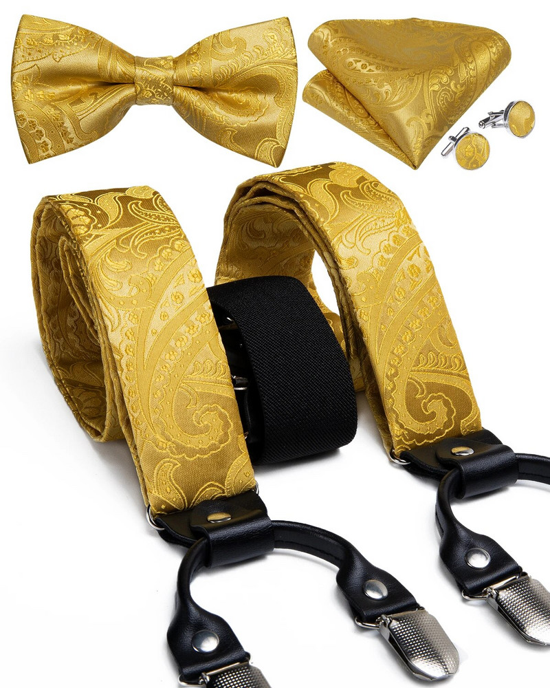 Πολυτελείς κίτρινες αντρικές ζαρτιέρες Μεταξωτές ελαστικές 6 κλιπς Τιράντες Αξεσουάρ για πάρτι γάμου Ανδρικές ζαρτιέρες Y-back Σετ παπιγιόν DiBanGu