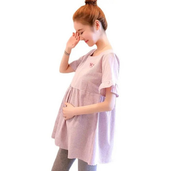 Ψηλόμεσο κοντό μανίκι ριγέ μπλουζάκια εγκυμοσύνης Μόδα φαρδιά μπλούζες για έγκυες βαμβακερές και λινές μπλούζες Γλυκά μπλουζάκια