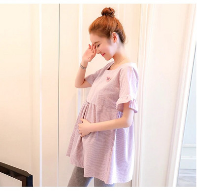 Kõrge vöökohaga lühikeste varrukatega O-kaelusega rasedatele triipudega särgid Mood lahtised rasedad puuvillased ja linased pluusid magusad topid