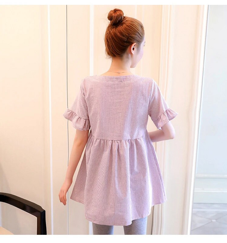 Kõrge vöökohaga lühikeste varrukatega O-kaelusega rasedatele triipudega särgid Mood lahtised rasedad puuvillased ja linased pluusid magusad topid