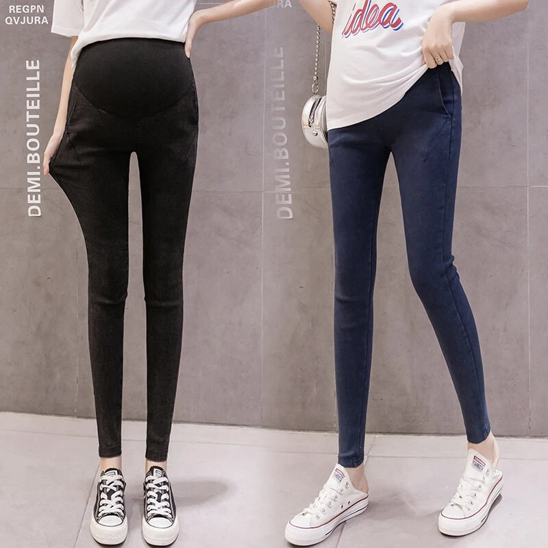 Rudens tamprus džinsas nėščiosioms siauri džinsai Reguliuojami pilvo kelnaitės Drabužiai nėščiosioms Pavasario nėštumo kelnės Premama