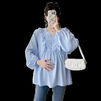 2024 Пролетни нови модни блузи за бременни с волани V деколте Пачуърк Свободни ризи Дрехи за бременни жени Сладки горнища за бременност