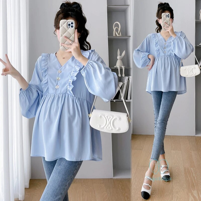 2024 m. pavasario naujos mados nėščiųjų palaidinės su raukiniais V kakleliu, laisvi marškiniai Drabužiai nėščioms moterims, saldūs nėštumo palaidinės