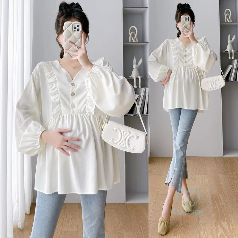 2024 m. pavasario naujos mados nėščiųjų palaidinės su raukiniais V kakleliu, laisvi marškiniai Drabužiai nėščioms moterims, saldūs nėštumo palaidinės