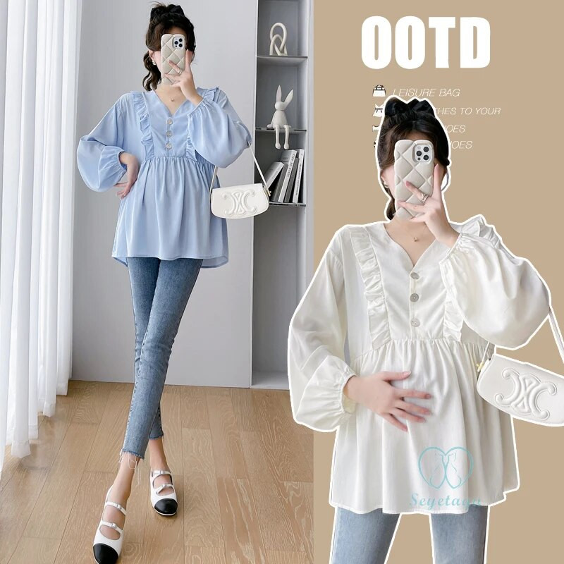 2024 m. pavasario naujos mados nėščiųjų palaidinės su raukiniais V kakleliu, laisvi marškiniai Drabužiai nėščioms moterims, saldūs nėštumo palaidinės