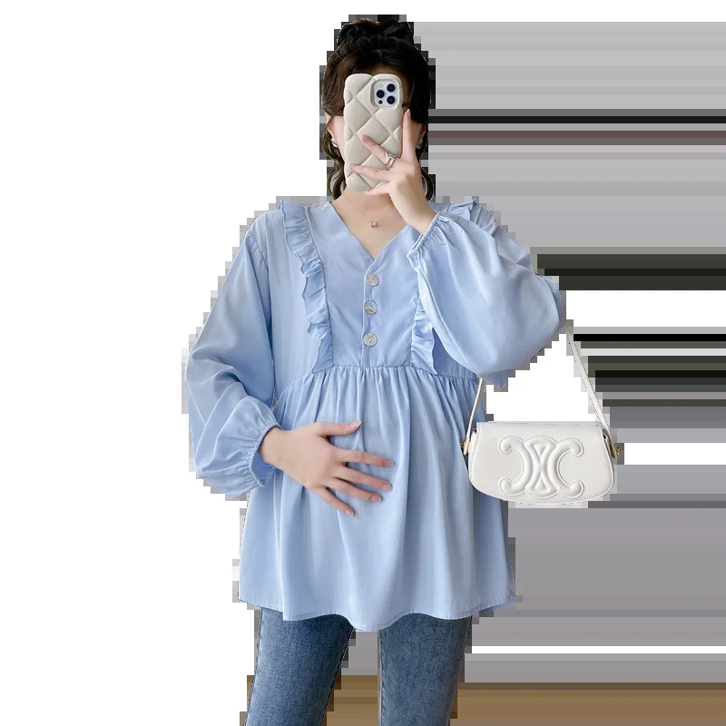 2024 m. pavasario naujos mados nėščiųjų palaidinės su raukiniais V kakleliu, laisvi marškiniai Drabužiai nėščioms moterims, saldūs nėštumo palaidinės