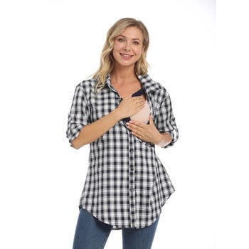 Μακρυμάνικα ρούχα εγκυμοσύνης Γυναικείο πουκάμισο για έγκυο Θηλασμό Τοπ Soft Check Μπλούζα θηλασμού Φαρδιά και μεγάλου μεγέθους στυλ