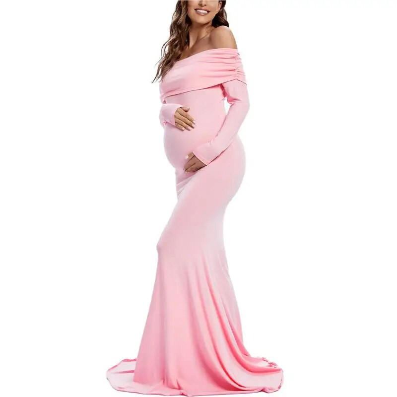 Liu&Qu haljina s otvorenim ramenima za trudničke fotografije, haljina s dugim rukavima i naborima, trudnička haljina za bebe