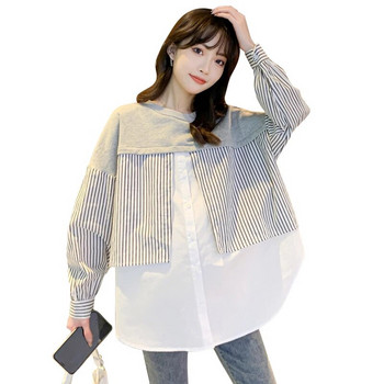Сладки есенни ризи за бременни жени Памучни блузи за бременни на райета от пачуърк от две части, памучни блузи с голям размер