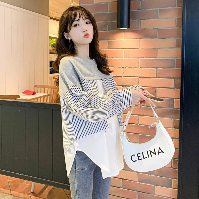 Saldūs rudeniniai nėščios moters marškiniai Dryžuoti raištiniai dirbtiniai dviejų dalių drabužiai, šonai suskirstyti į šoną, motinystės medvilninės palaidinės, didesnio dydžio viršūnės