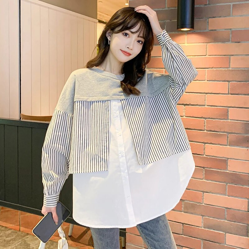 Saldūs rudeniniai nėščios moters marškiniai Dryžuoti raištiniai dirbtiniai dviejų dalių drabužiai, šonai suskirstyti į šoną, motinystės medvilninės palaidinės, didesnio dydžio viršūnės