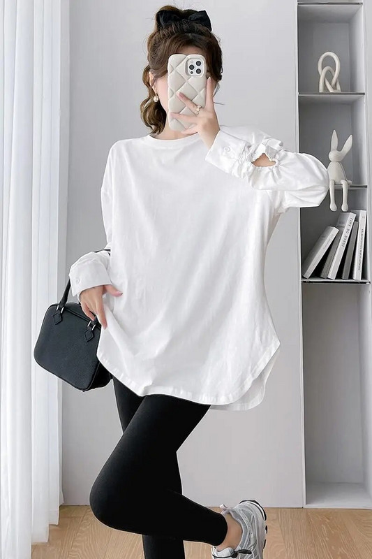 2024 m. pavasario motinystės medvilniniai marškinėliai ilgomis rankovėmis plius dydžio O formos kaklu nėščios moters marškinėliai Laisvi atsitiktinis nėštumo viršus netaisyklingas