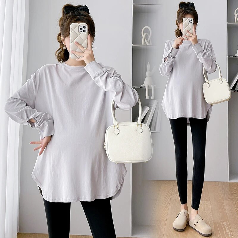 2024 m. pavasario motinystės medvilniniai marškinėliai ilgomis rankovėmis plius dydžio O formos kaklu nėščios moters marškinėliai Laisvi atsitiktinis nėštumo viršus netaisyklingas