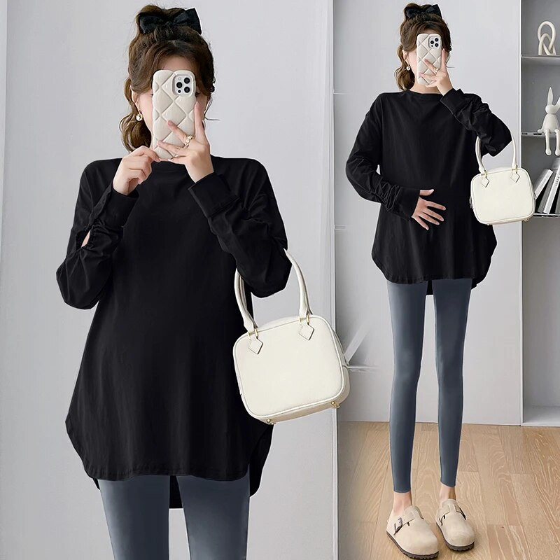 2024 m. pavasario motinystės medvilniniai marškinėliai ilgomis rankovėmis plius dydžio O formos kaklu nėščios moters marškinėliai Laisvi atsitiktinis nėštumo viršus netaisyklingas