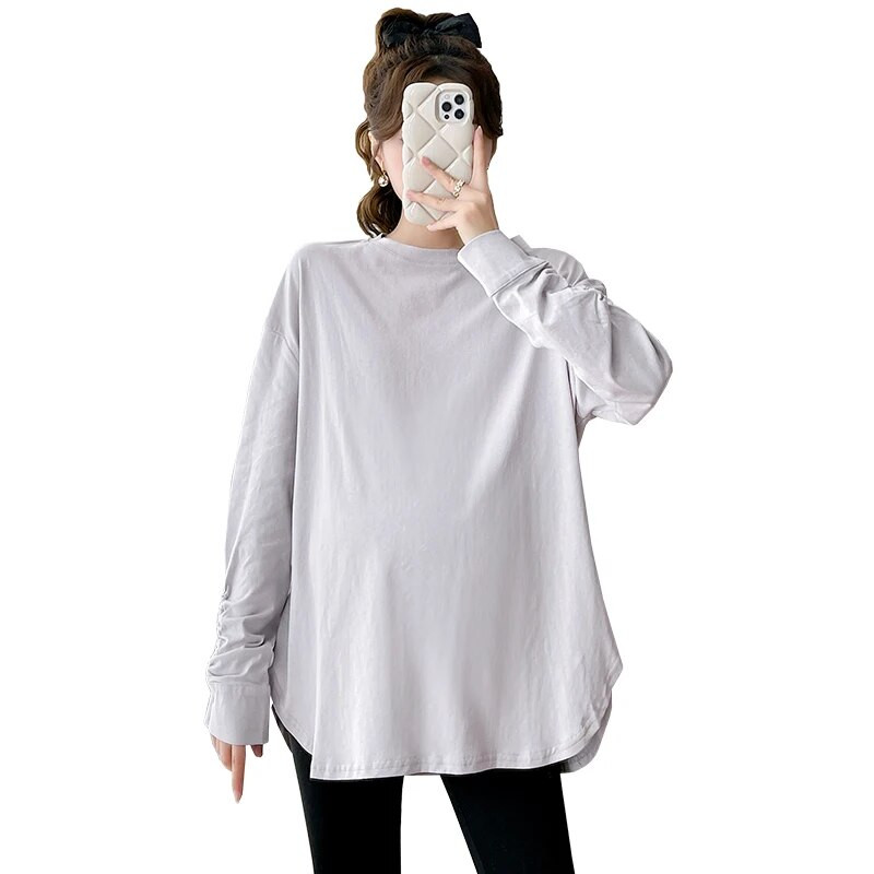 2024 m. pavasario motinystės medvilniniai marškinėliai ilgomis rankovėmis plius dydžio O formos kaklu nėščios moters marškinėliai Laisvi atsitiktinis nėštumo viršus netaisyklingas