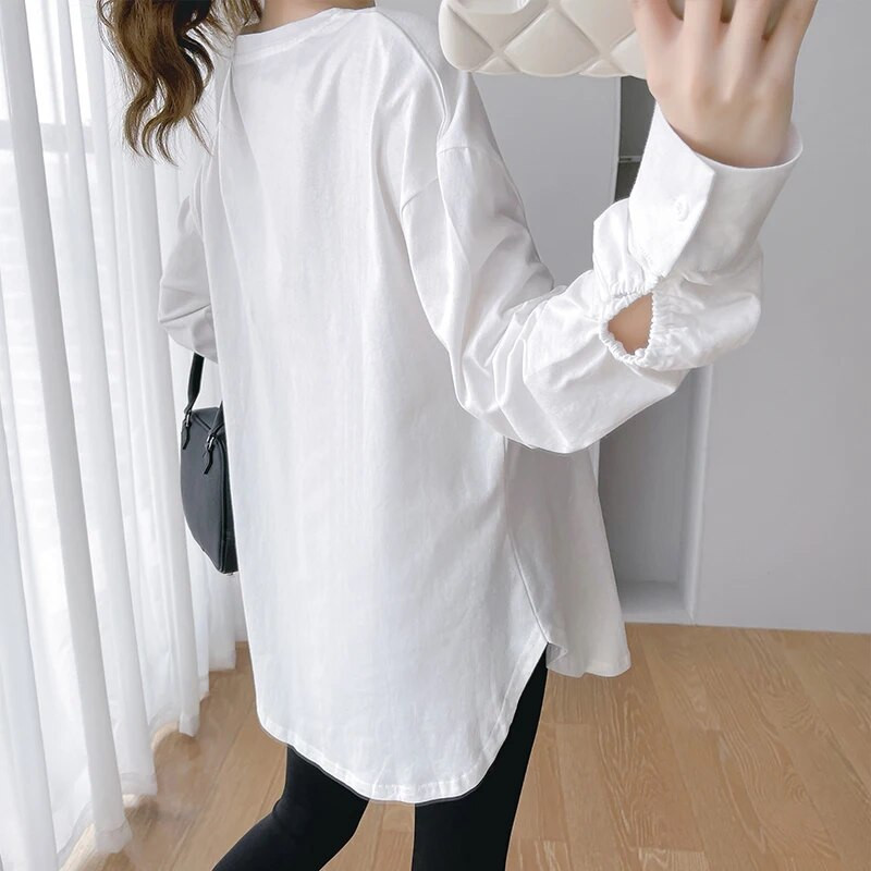 2024 m. pavasario motinystės medvilniniai marškinėliai ilgomis rankovėmis plius dydžio O formos kaklu nėščios moters marškinėliai Laisvi atsitiktinis nėštumo viršus netaisyklingas