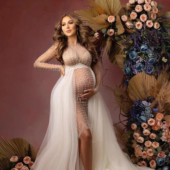 Φορέματα εγκυμοσύνης με μαργαριτάρι στρας, Φούστα από τούλι, κοστούμι φωτογράφησης για σέξι μακρυμάνικα φορέματα φωτογραφίας εγκυμοσύνης εγκύων
