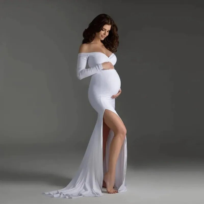 Seksi trudničke haljine bez ramena za fotografiranje Maxi haljina za žene Odjeća za fotografije trudnica Elastična duga haljina za trudnice